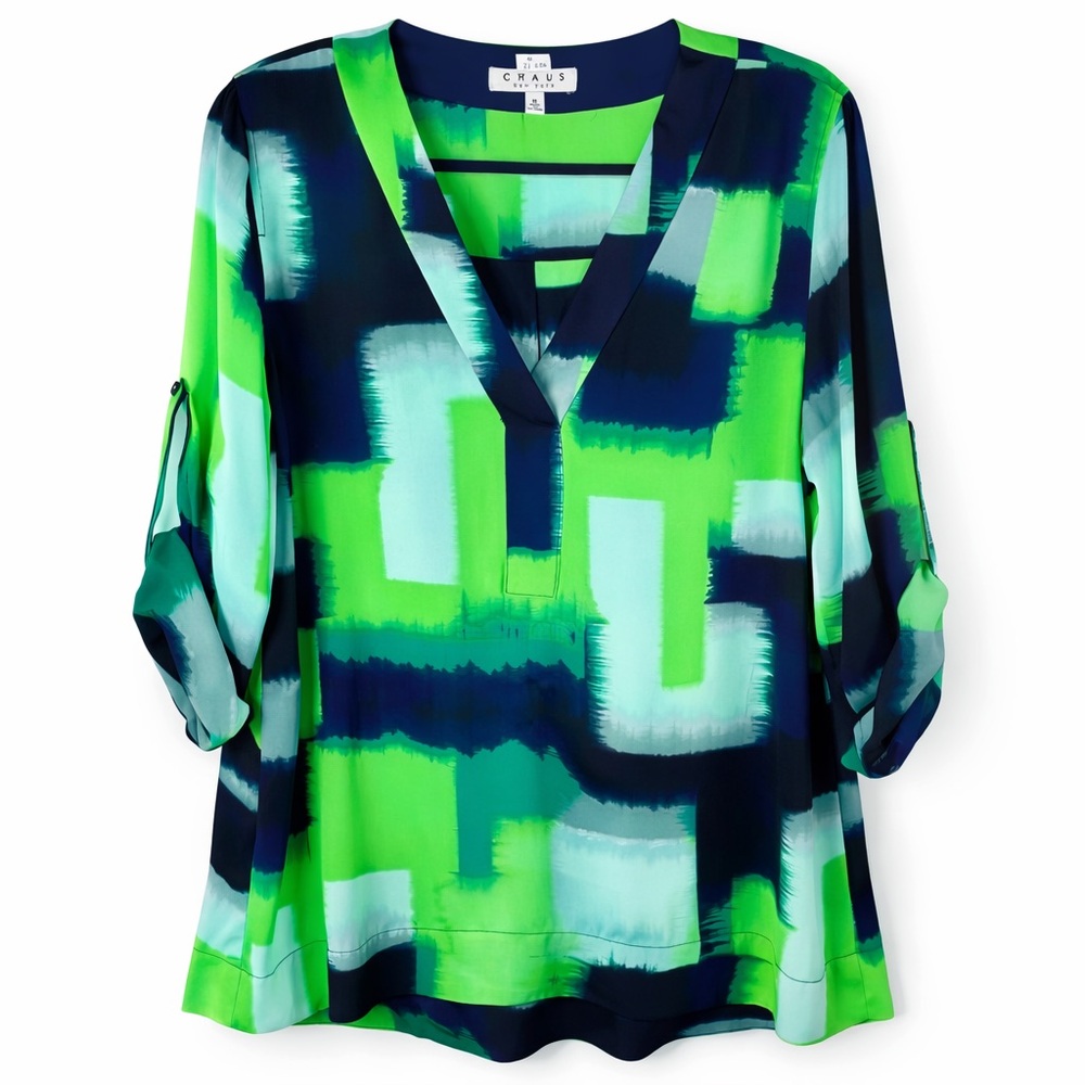 Chaus Medium Green Blue Abstract Print V-Neck Tunic Blouse Roll Tab Sleeve Med